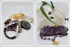 Handmade jewelry purple stone, purple beaded necklace, white, blue black wrist band